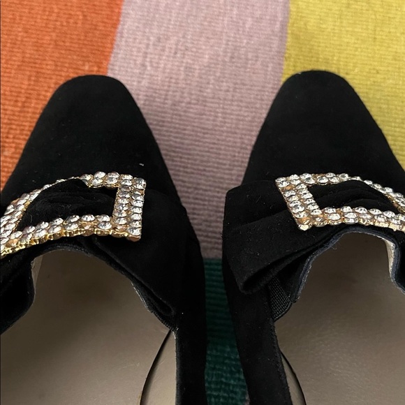 VINTAGE HEELS 💎🖤50s Suede square toe pumps W/rhinestone Buckle SIZE 8.5 - Picture 4 of 6